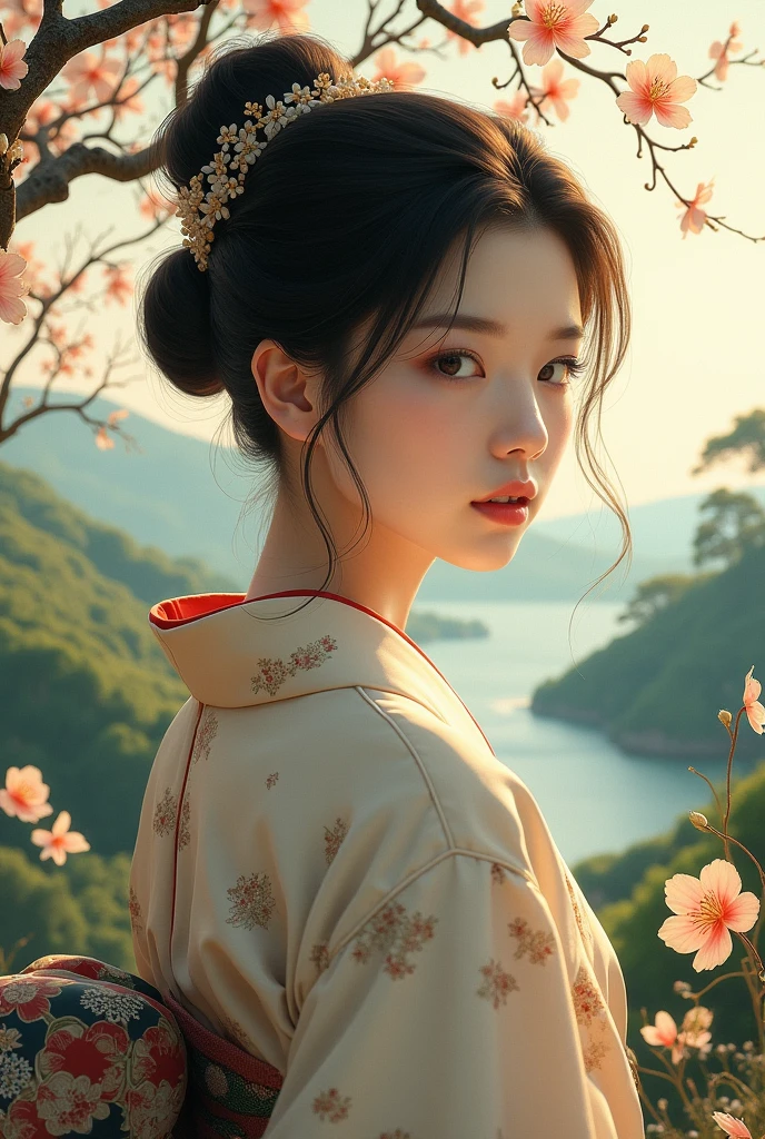 woman、Tied up black hair、kimono、Japanese pattern、Japanese Landscape