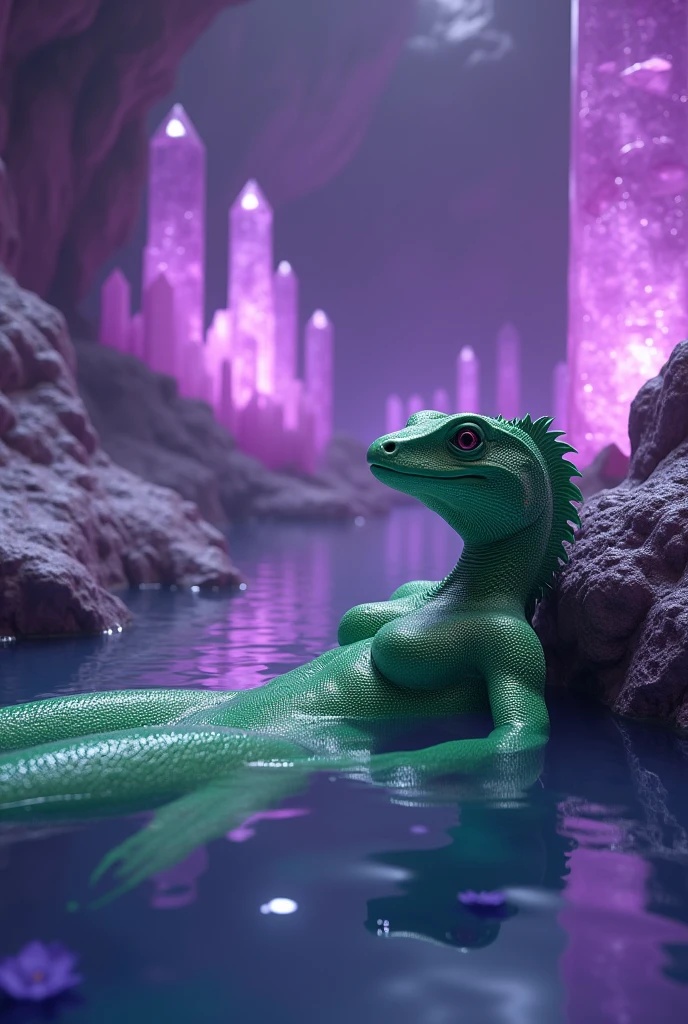 A slender, breathtaking female reptilian with radiant white scales emerges gracefully from the mouth of a cave adorned with glowing purple crystals. Her flawless, smooth white scales cover her body, highlighting her exquisite, feminine form and giving her an ethereal, otherworldly beauty.

Her face remains beautifully human-like, with delicate, refined features that enhance her allure. Her eyes, expressive and captivating, blend seamlessly with the sleek, white scales that frame her face. Naked except for her pristine reptilian skin, her graceful movements and long, sinuous tail add to her elegance.

The soft, glowing light from the purple crystals casts a magical glow on her, accentuating her stunning physique and ethereal beauty. As she steps into the lush forest, the contrast between her luminous white scales and the vibrant cave crystals creates a mesmerizing scene, showcasing her as a vision of pure, feminine grace and enchantment.