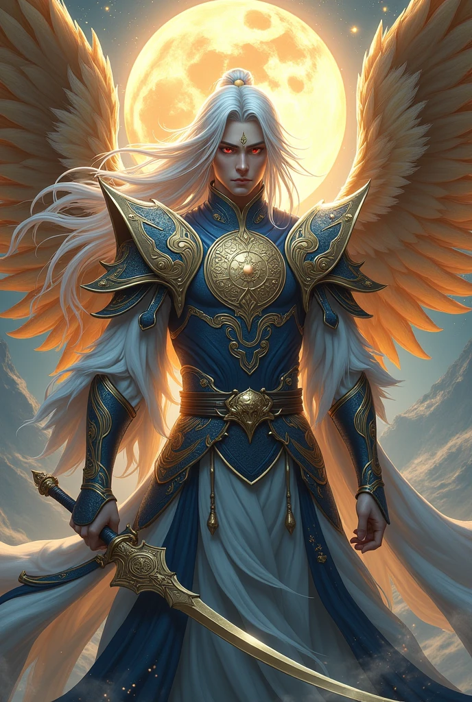 Handsome xianxia protagonist,man,guy,long silver hair, Crimson red and golden amber eyes combination ,and long silver hair with white undertone,and the golden rune motiv scratched on his forehead,use armour featuring like pattern on furr of white Tiger chinese with azure and white dominant color,sun and moon circling at the background,the tassel of the armour like river of galaxy, combination of azure and white dominant color,with majestic purple line ,held mystical sword, And majestic golden wings at back, wings at back,terrifying aura around,24K ultra hd,face and eyes detail,lips and face detail,masterpiece ,better quality