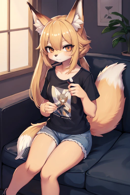 by Ryosios , work of art, best qualityer, punctuation_9, punctuation_8_High above, punctuation_7_High above,
1 girl, suzuran \(Arknights\), fox girl, animal ear fluff, Multiple Fox Tails, oripathy lesion \(Arknights\), Flat Breast, hair blonde, hair elastic, narrow, shorts jeans, t - shirt, holding its own tail, Holding a hairbrush, Jumpy,
Inside the house, livingroom, sitting not sofa
 