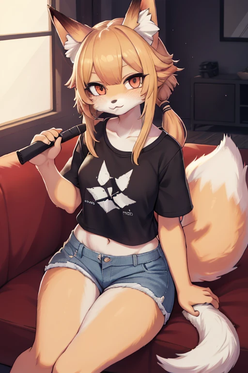 by Ryosios , work of art, best qualityer, punctuation_9, punctuation_8_High above, punctuation_7_High above,
1 girl, suzuran \(Arknights\), fox girl, animal ear fluff, Multiple Fox Tails, oripathy lesion \(Arknights\), Flat Breast, hair blonde, hair elastic, narrow, shorts jeans, t - shirt, holding its own tail, Holding a hairbrush, Jumpy,
Inside the house, livingroom, sitting not sofa
 