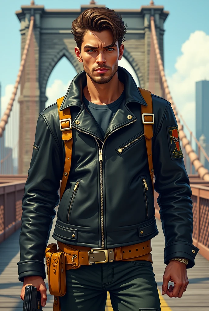 A 20-year-old young man with brown hair, thin beard and a serious expression, illustrated in a detailed style. He is wearing a black leather jacket with yellow-brown accessories, such as buckles and patches. A pair of golden uzi 9mm pistols is holstered at his waist, gleaming subtly. A pair of golden pistols is holstered at his waist, gleaming subtly. The background features the iconic Manhattan Bridge in New York City, with the urban landscape visible in the distance, creating a dramatic and modern setting.
