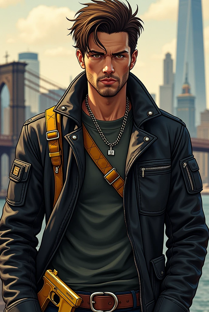 A 20-year-old young man with brown hair, thin beard and a serious expression, illustrated in a detailed style. He is wearing a black leather jacket with yellow-brown accessories, such as buckles and patches. A pair of golden uzi 9mm pistols is holstered at his waist, gleaming subtly. A pair of golden pistols is holstered at his waist, gleaming subtly. The background features the iconic Manhattan Bridge in New York City, with the urban landscape visible in the distance, creating a dramatic and modern setting.