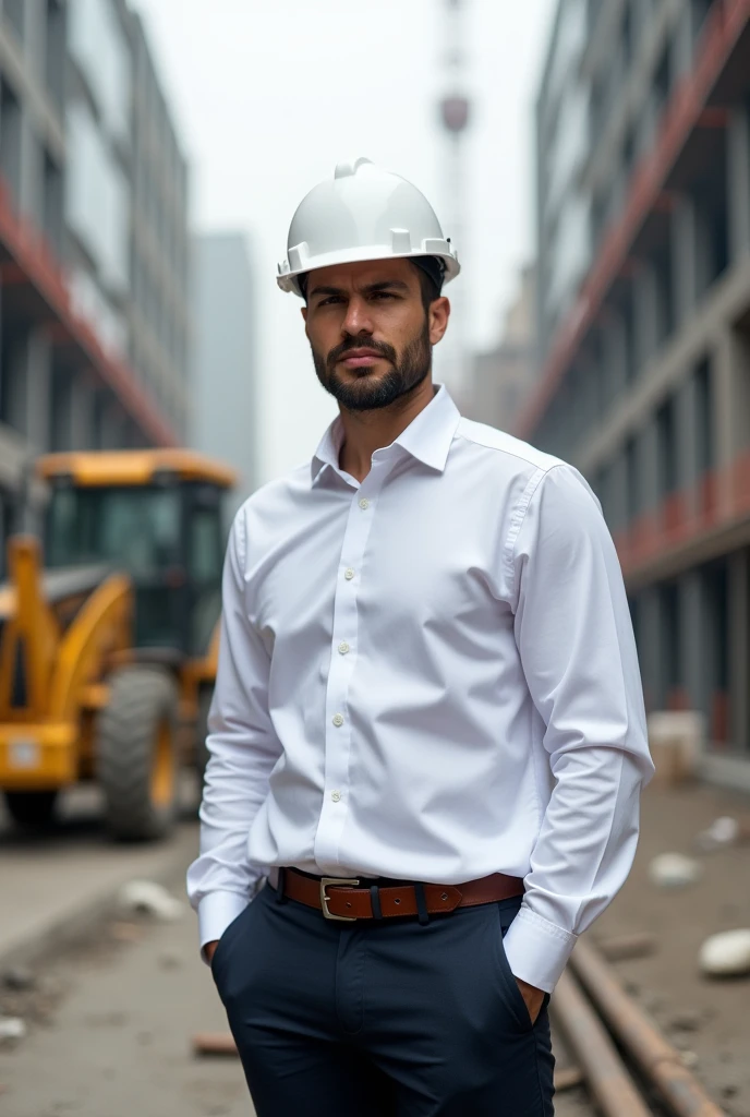Civil engineer with helmet white shirt black eyes 