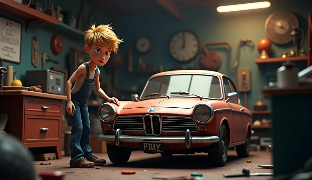 Im Stil von Pixar 3D- The animated film. A skinny young man with short blond hair is tinkering with a silver BMW E46 Compact in a dark terraced garage.