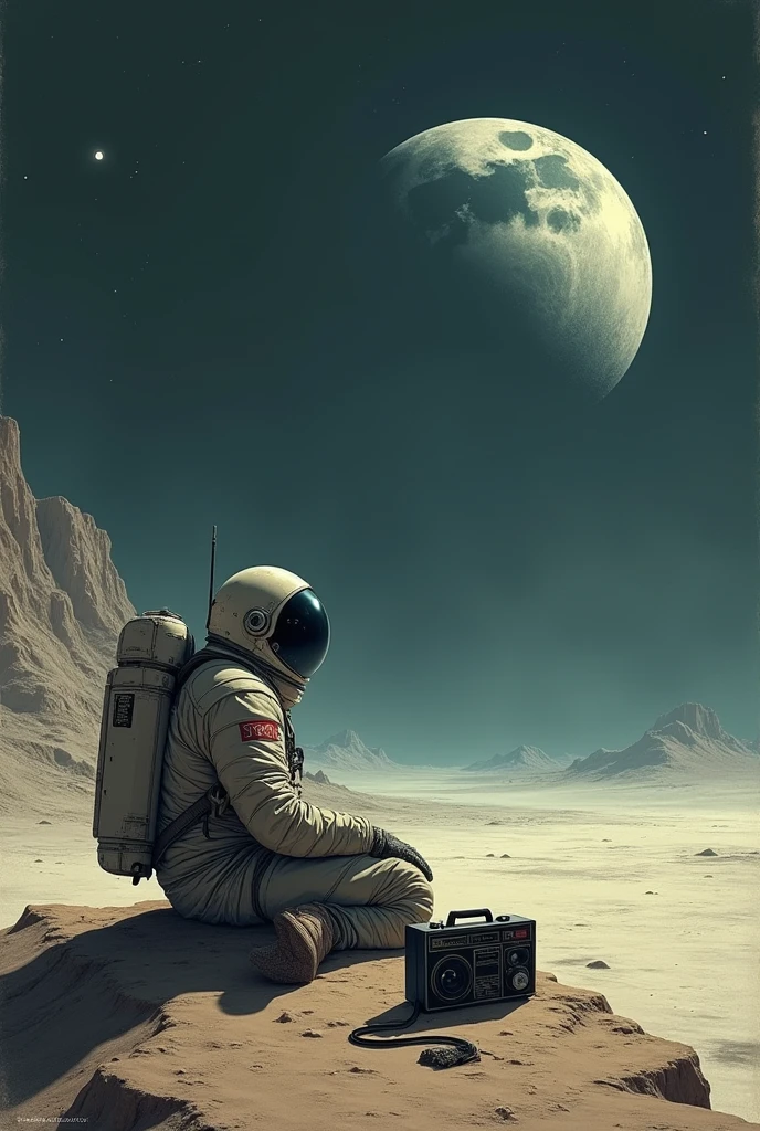 A drawing of a lonely astronaut in space with a radio beside him,near it there is a planet that is a cold and dark desert and halfway away from it a dark moon.there is no sun in this space.
