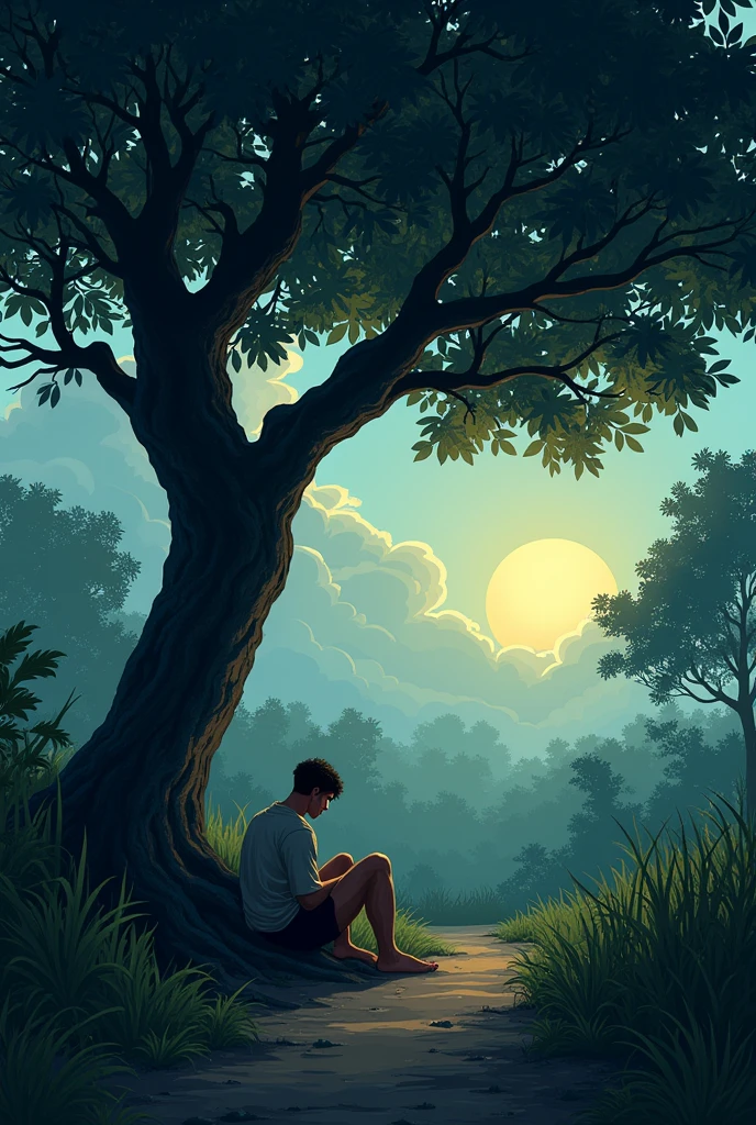 A young man of the village was sitting under a tamarind tree after evening. Suddenly, he feels a very cold wind blowing around and hears a strange noise.