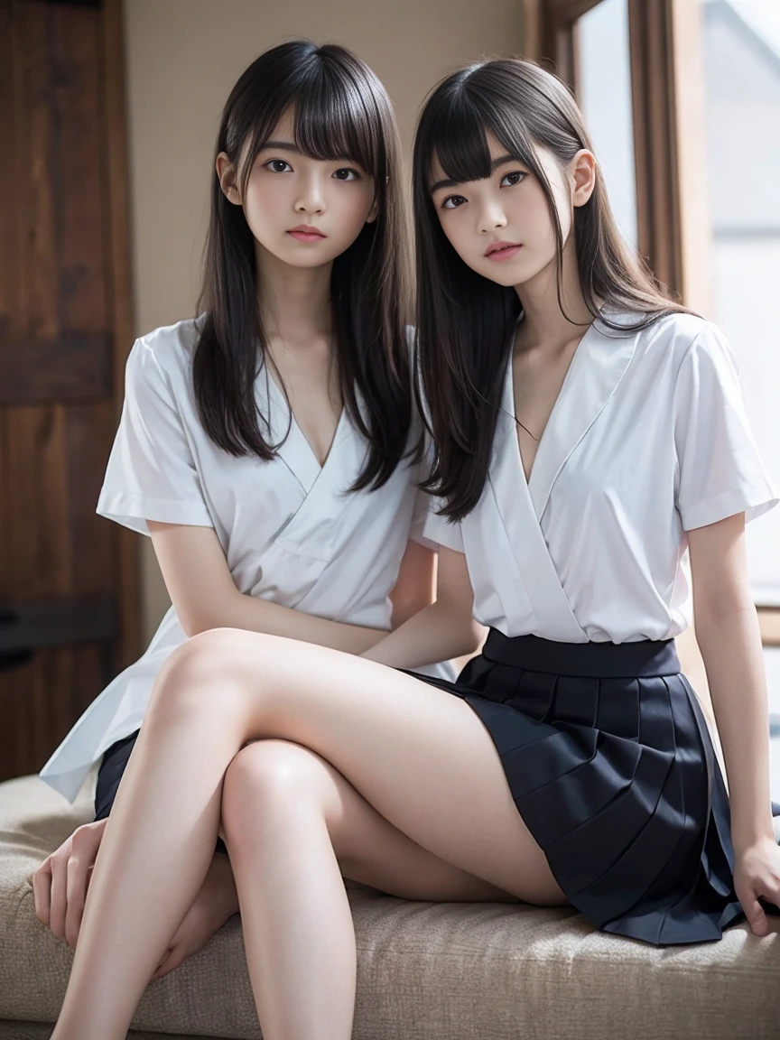High resolution、High resolution、In 8K、RAW Photos、Highest quality、masterpiece、Two people、18-year-old girl, (Flat chest like:1.2), ((Skinny body:1.2)), Wavy Hair,, Anatomically correct、bangs、Waist、thigh、Japanese high school uniform、Sit with your legs apart