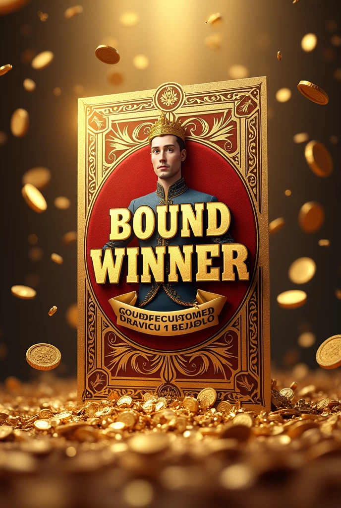 Write me bound winner on the front of the big ticket around splashing coins and tecket back in shahi big Prince and front said gold big box in coins claiming and top circle profile frame