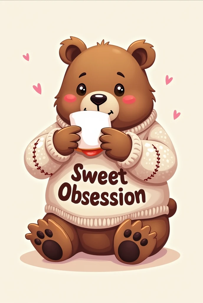 A logo that has a bear with a sweater that says sweet obsession eating mallow viscous with