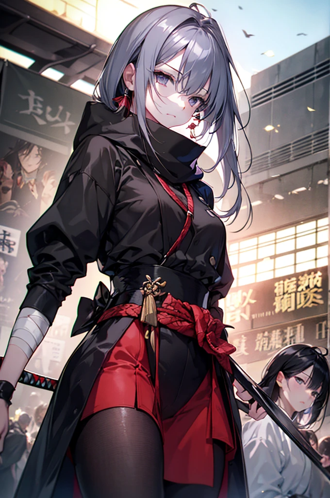 (Highest quality、High resolution、8k、mysterious、masterpiece:1.2)。Yoshitaka Amano-style depiction。The cruel and inhuman Yamada Asaemon。Edo Period。she、Edo Periodの首斬り、assassination、Executioner。A long Japanese sword on his waist。A uniform with black belts all over the body。The gleam in his eyes is gone、Hollow。Dark circles under the eyes。Eye patch。ただし誰が見てもshe剣の達人だと感じ、He has unquestionable spirit.。With gray hair、Ragged hair。Of course there is the appeal of being a woman。Overwhelming strength and charm。Bloody bandages on his wrists and ankles、Samurai clothing。Samurai。With a cold-hearted look that looks down on people、A crowd of commoners々And pass by。Person kneeling on the ground々。Edo Periodの風景。Bold Pose、Seems like a bad personality。