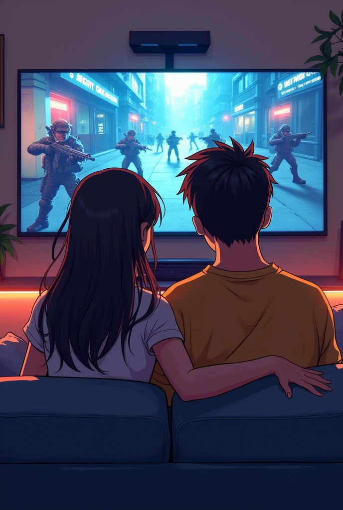 A couple aged 19, sitting together on a couch, playing call of duty split screen,both chocolate skin , anime style, facing the tv ,