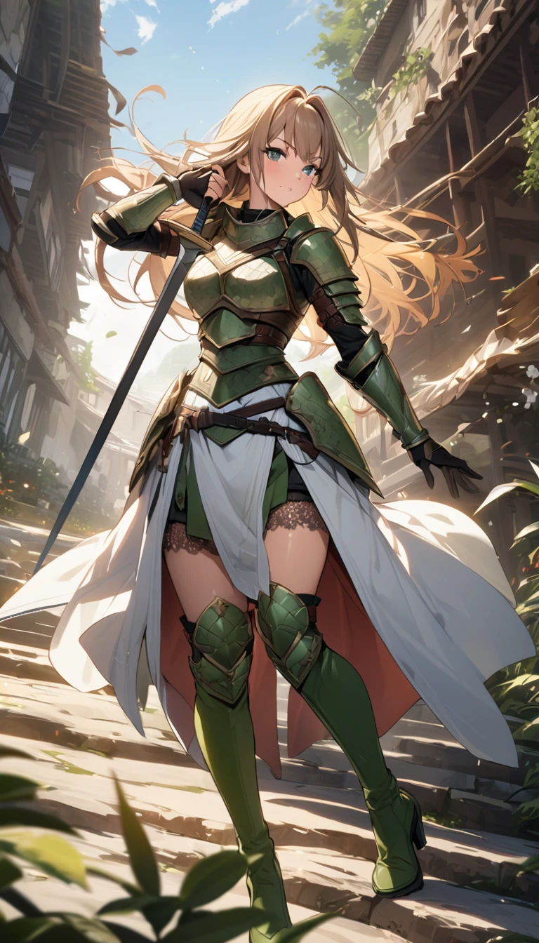 Ultra-high definition image quality、beautiful girl、Woman warrior、Female Swordsman、Light Armor、Green Boots、Long Hair、Knight's Hair Ornament、Black Hair、20-year-old、Be confident々face、Very short tight skirt、Sexy posture、Cowgirl、wilderness、Highest quality,Big Ass、Big Breasts、Thighs、god槍グングニルを握る、Black gorgeous embroidered lace panties、Kick off with your feet and jump、Joan of Arc style clothing、Wind King Barrier、Her hair is fluttering in the wind、The Sword of Promised Victory、god々Wearing a bright aura、Big Ass、Valkyrie the War Maiden、Crotch close-up、Angle from directly below、Steam is coming out of my crotch