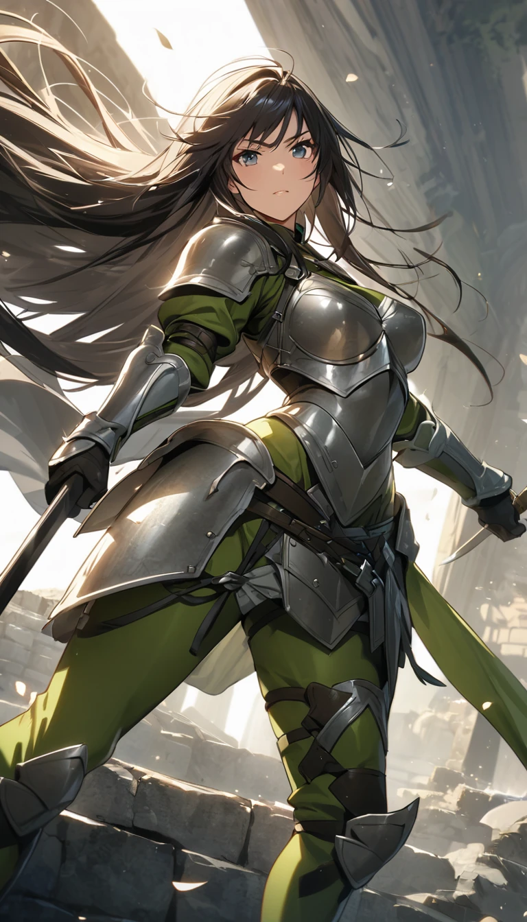 Ultra-high definition image quality、beautiful girl、Woman warrior、Female Swordsman、Light Armor、Green Boots、Long Hair、Knight&#39;s Hair Ornament、Black Hair、20-year-old、Be confident々face、Very short tight skirt、Sexy posture、Cowgirl、wilderness、Highest quality,Big Ass、Big Breasts、Thighs、god槍グングニルを握る、Black gorgeous embroidered lace panties、Kick off with your feet and jump、Joan of Arc style clothing、Wind King Barrier、Her hair is fluttering in the wind、The Sword of Promised Victory、god々Wearing a bright aura、Big Ass、Valkyrie the War Maiden、Crotch close-up、Angle from directly below、Steam is coming out of my crotch