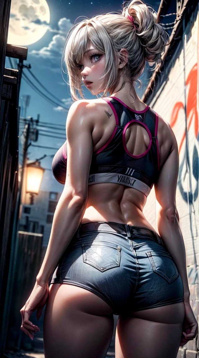(back, from behind, long blonde hair, medium breasts, wide hips, malicious)), ((pink lipstick, Extremely detailed, ambient soft lighting, 4k, perfect eyes, a perfect face, perfect lighting, a 1girl)) austere, ((malicious, (sports bra), jeans, short shorts, unbuttoned shorts)), night sky, clouds, erotica, lots of erotica, (graffiti alley, graffiti walls, in an alley, night, moonlight, starry night) (ager, )