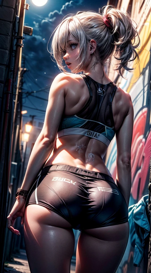 (back, from behind, long blonde hair, medium breasts, wide hips, malicious)), ((pink lipstick, Extremely detailed, ambient soft lighting, 4k, perfect eyes, a perfect face, perfect lighting, a 1girl)) austere, ((malicious, (sports bra), jeans, short shorts, unbuttoned shorts)), night sky, clouds, erotica, lots of erotica, (graffiti alley, graffiti walls, in an alley, night, moonlight, starry night) (ager, )