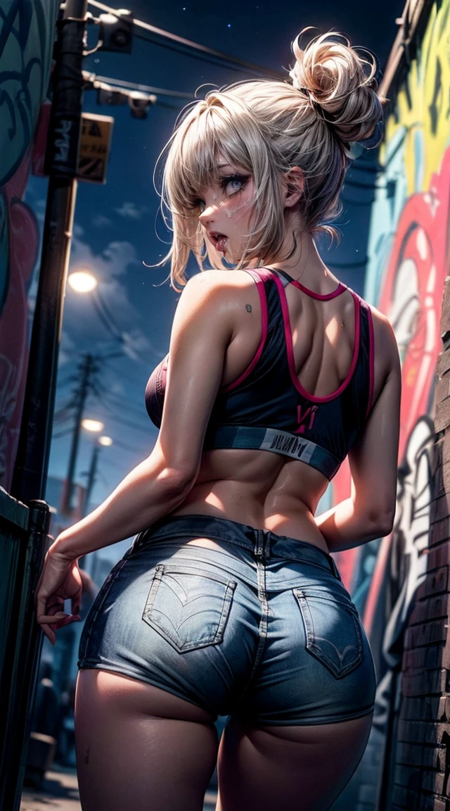 ass, ass grab, 1girl, huge ass, blonde hair, without pants, thighs, without t-shirt, black stockings, black thong, open Legs, groping, deep skin, grabbing another's ass, from behind, hands on ass, thick thighs, short hair, ass focus, Tattoo on the butt, "use me" tattoo, wide hips, ass support, street, México street, Confetti, traditional mexican festival, Sun rays on ass, 