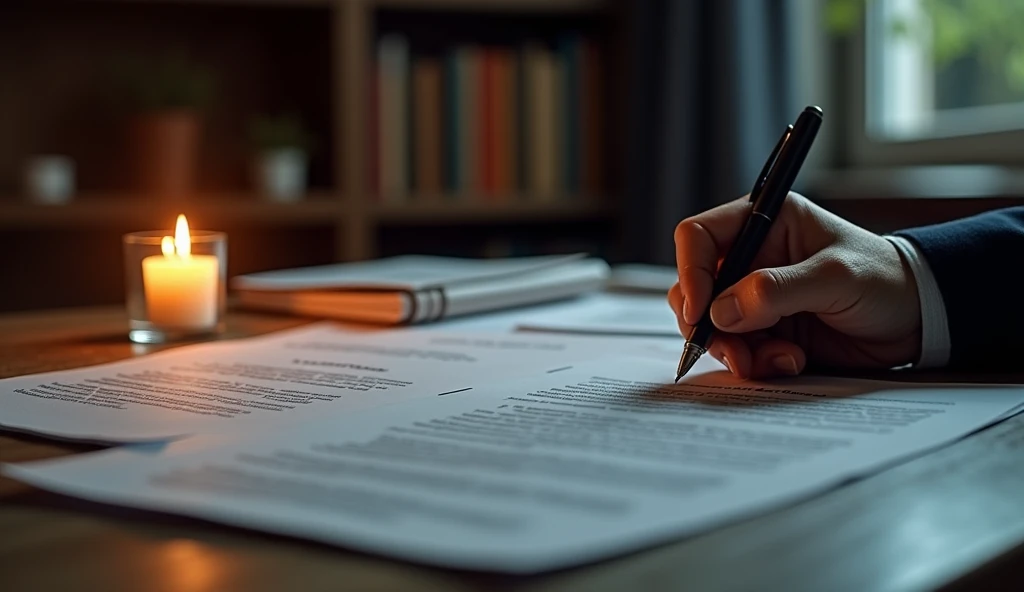 Create a hyper-realistic and mysterious image of a work table where different types of investment documents are arranged – land titles, commercial contracts and deposit certificates. A hand is holding a pen and signing one of these documents., symbolizing the commitment to financial diversification. beside the table, a lit candle casts a soft golden light, illuminating the documents and the pen. The background should be softly blurred, showing only part of a bookshelf with accounting books. The scene should capture the importance of diversifying investments to ensure a secure financial future..