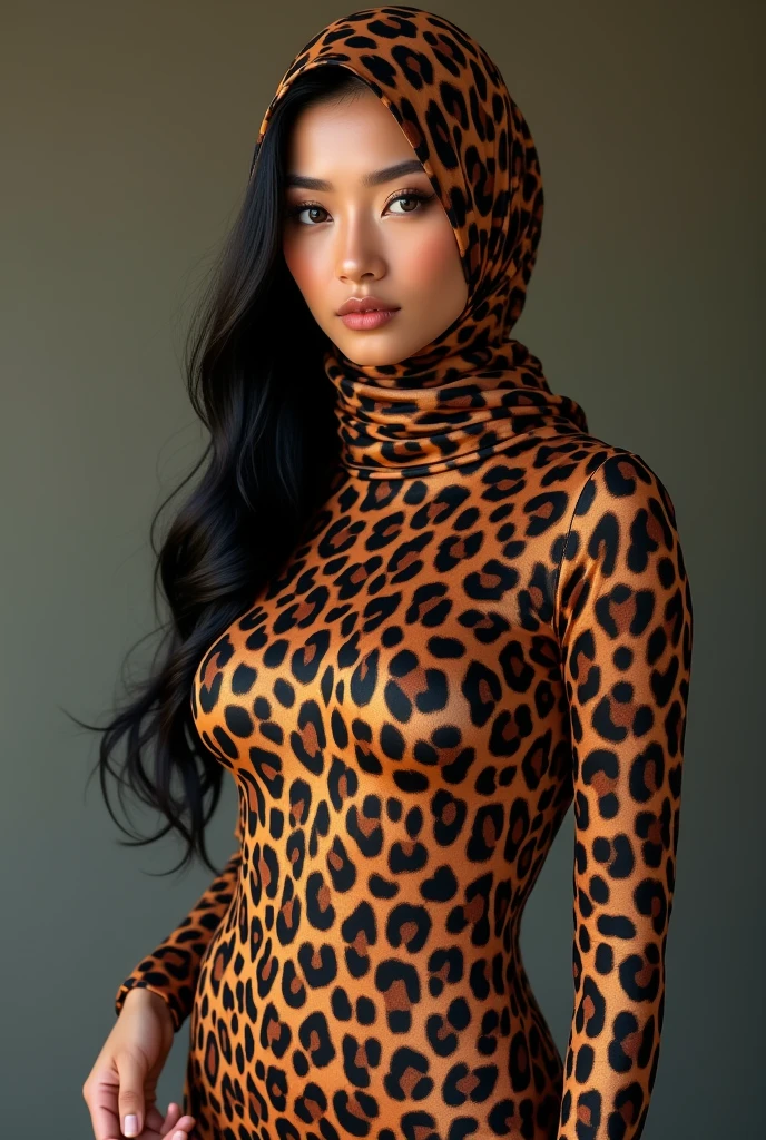 a most beautiful Chinese Asian woman named Tiaw Li Yin with a pair of glasses wears zebra leopard print unitard catsuit.She always wear zebra leopard print hijab-like hood.