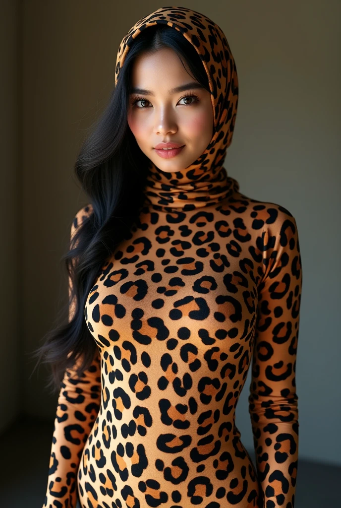 a beautiful asian muslimah woman with leopard print hijab wears leopard print unitard catsuit.She always wear leopard print hijab.