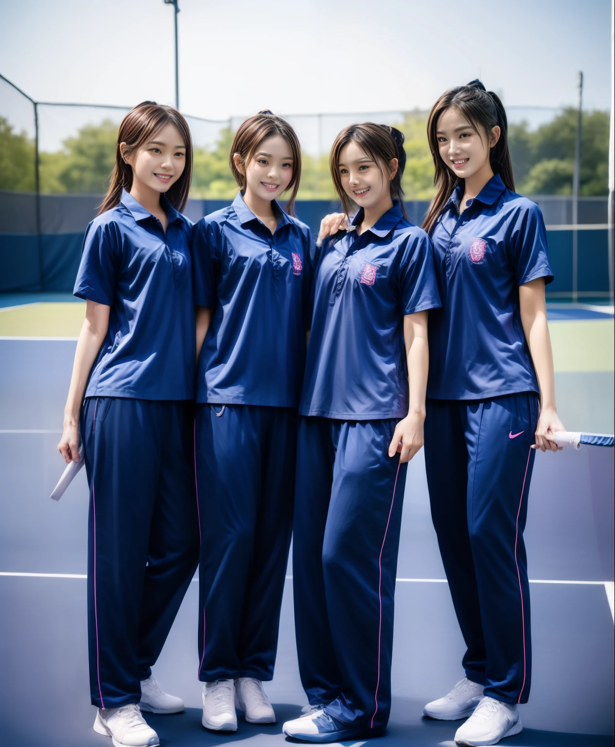 3 girls play tennis at tennis courts, Navy blue short-sleeved shirt,Navy Long Trackpant,Sweatpants, Sweatpantsขายาว,25 year old girl, lesbian, sexy, exercise clothes, wet body, exercise clothes