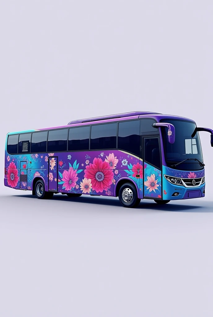 A bus skin of OMO company . Which exist purple and sky blue with few flower design
 Show the whole body of bus . It's seems like bangladesi buses

