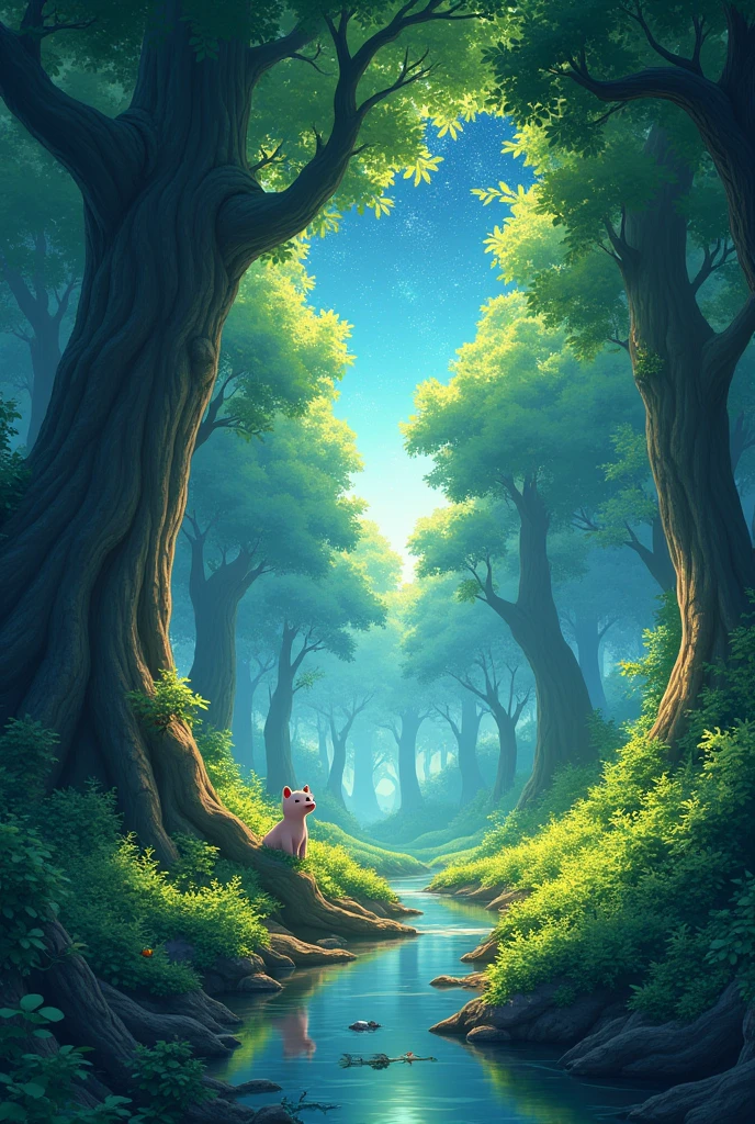 /imagine prompt: Viral anime nature wallpaper in 4K quality, in the style of digital illustration inspired by Hayao Miyazaki, featuring a serene forest with towering ancient trees, dappled sunlight filtering through the leaves, a gentle stream flowing through the scene, and mystical creatures peeking from behind the foliage; vibrant and warm color temperature, cosmos lighting with stars twinkling in the sky, no human characters, the atmosphere is tranquil and enchanting --v 5 --stylize 1000 with dragon