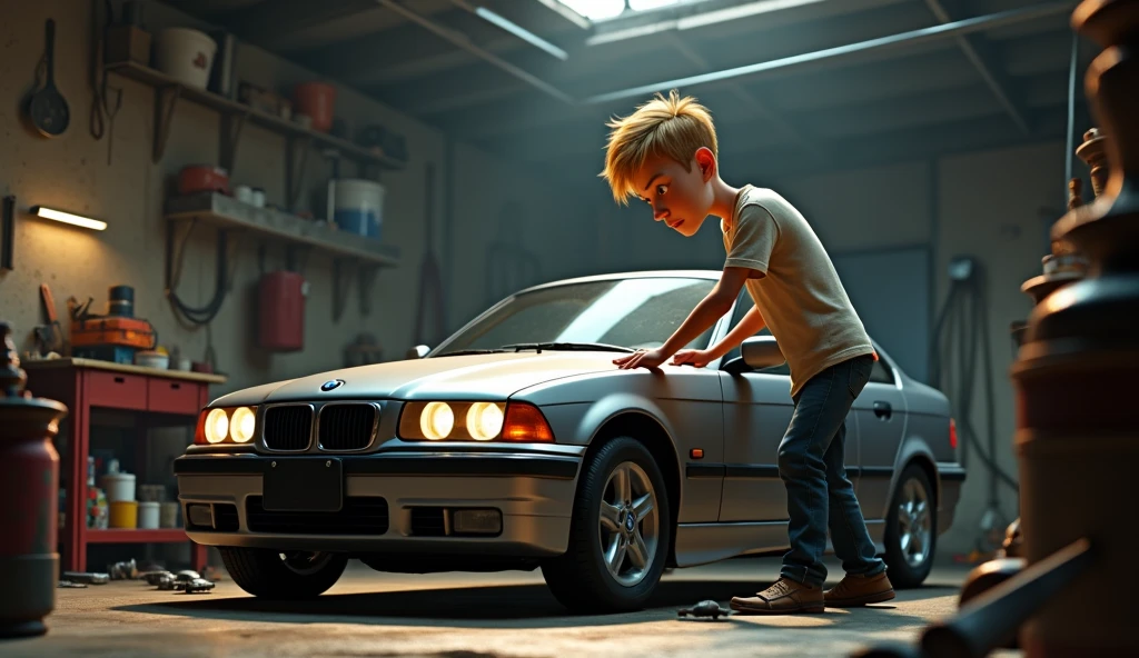 Im Stil von Pixar 3D- The animated film. A skinny man with short blond hair is tinkering with a silver BMW E46 Compact in a dark terraced garage.