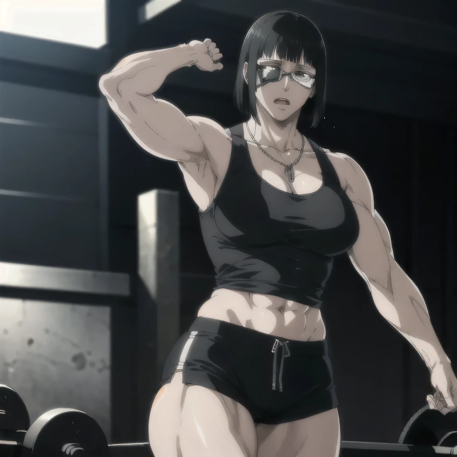 best quality,ultra-detailed,realistic:1.37),musclaur badass girl with sculpted body with preview her musclaur body and six-pack, full review of the female character's face and body, intense expression, strong and confident posture, studio lighting, vivid colors, physiologically-based rendering, grungy texture, rugged background, dust particles in the air, commanding presence, professional, powerful, gritty aesthetics,,Valmet،short hair,necklace,Light reflection on shoulders,clean muscles،wearing black sport shorts and blue gym tank top,tattoos on shoulders،muscles review( girl solo),eyepatch,Shining muscles,eyes detailing,fat free body,veins in muscles,penis growth inside shorts,Photo session,Matching remix,one arm up