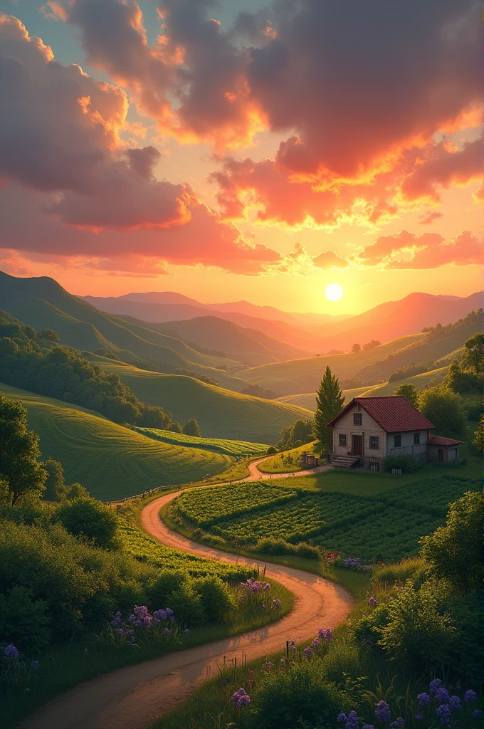 Farm with green plants and sunset