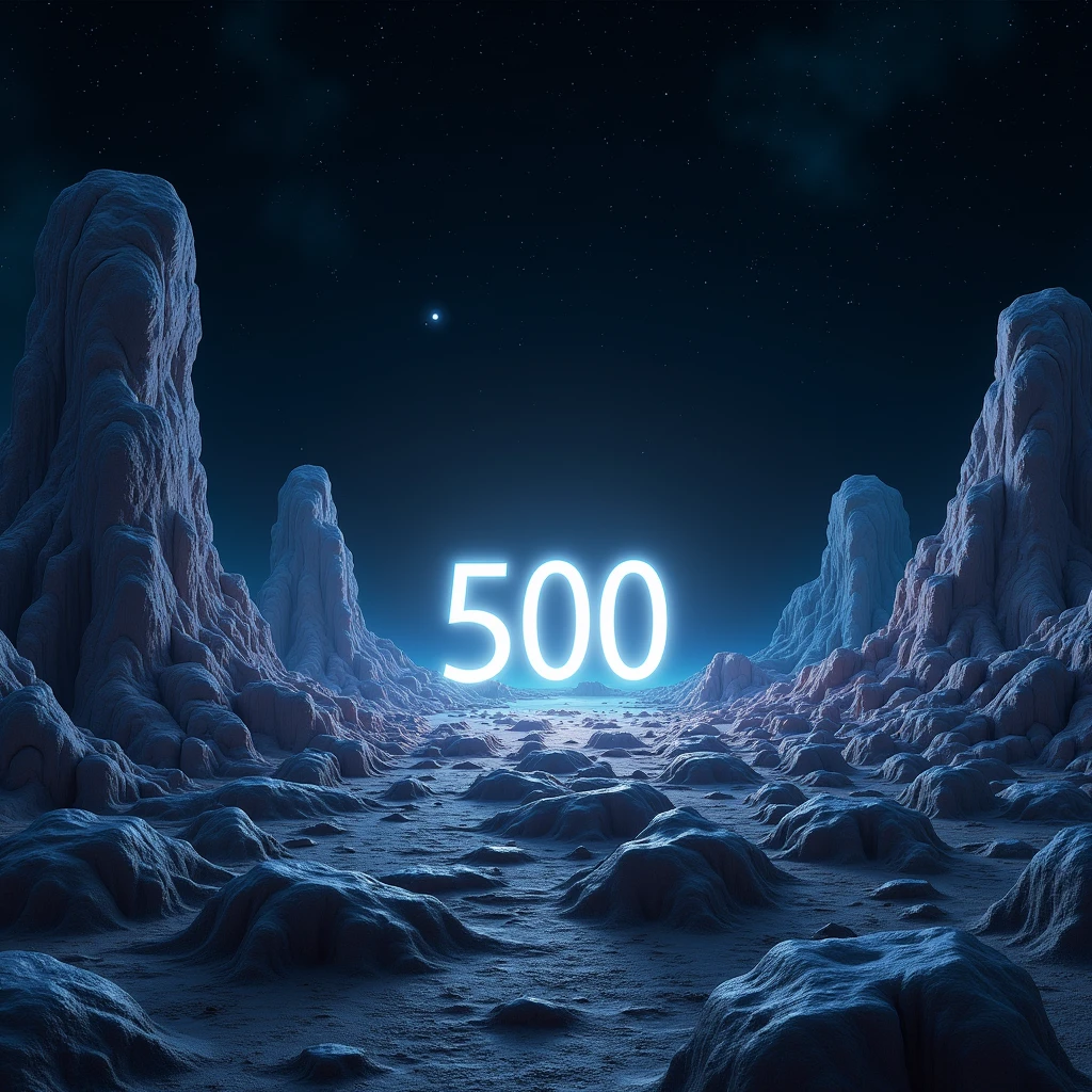 A photorealistic shot of an alien landscape otherworldly made with geometrical hills and rocks scattered around with rocks and weird flora. Floating geometrical rocks levitating above ground scattered around. The word "500" made of quartz and is on the center of the scene emerging from the ground. It's night time and the sky is pitch black full of stars and planets. Realistic, hyperrealism, high resolution, extreme details, extreme quality, volumetric lighting, sharp details, 4k hdr, sci-fi