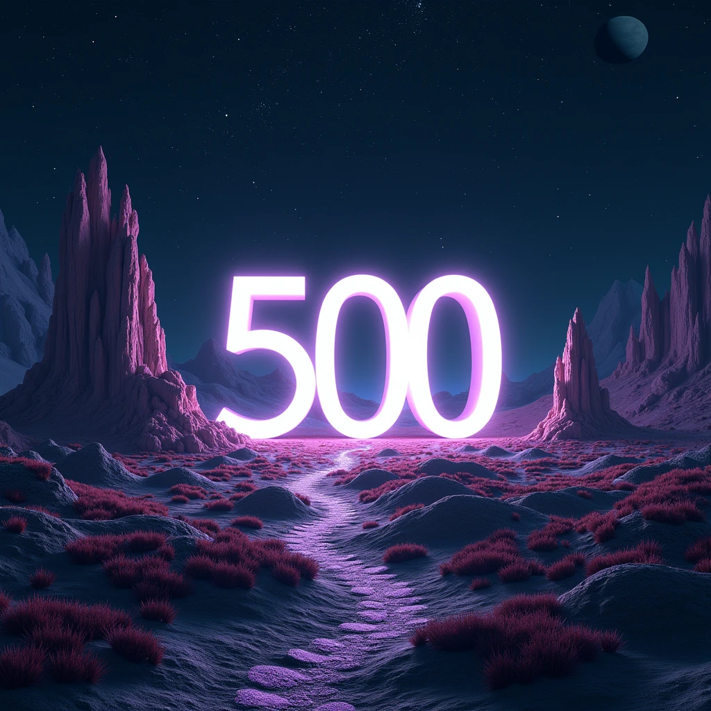 A photorealistic shot of an alien landscape otherworldly made with geometrical hills and rocks scattered around with rocks and weird flora. Floating geometrical rocks levitating above ground scattered around. The word "500" made of quartz and is on the center of the scene emerging from the ground. It's night time and the sky is pitch black full of stars and planets. Realistic, hyperrealism, high resolution, extreme details, extreme quality, volumetric lighting, sharp details, 4k hdr, sci-fi