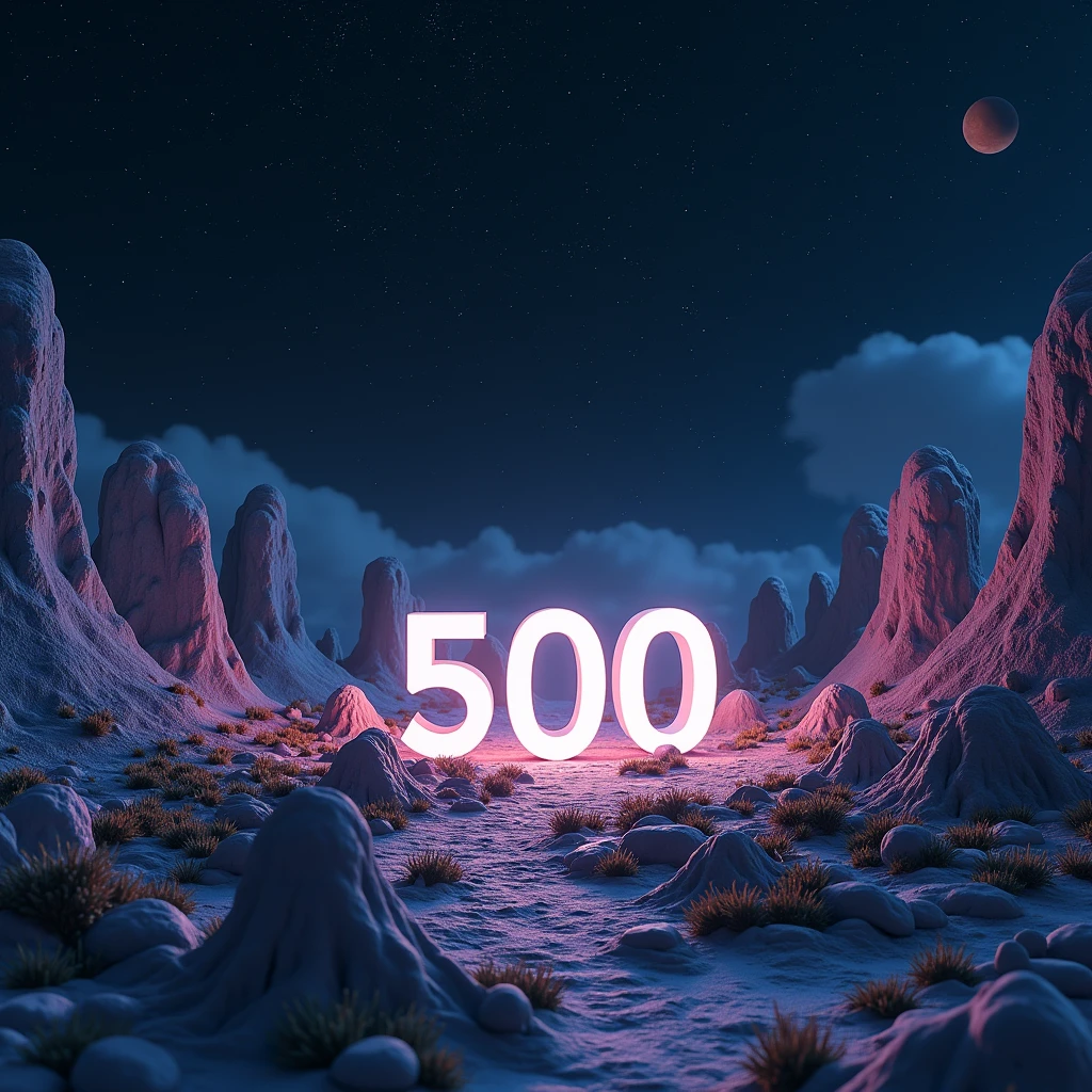 A photorealistic shot of an alien landscape otherworldly made with geometrical hills and rocks scattered around with rocks and weird flora. Floating geometrical rocks levitating above ground scattered around. The word "500" made of quartz and is on the center of the scene emerging from the ground. It's night time and the sky is pitch black full of stars and planets. Realistic, hyperrealism, high resolution, extreme details, extreme quality, volumetric lighting, sharp details, 4k hdr, sci-fi