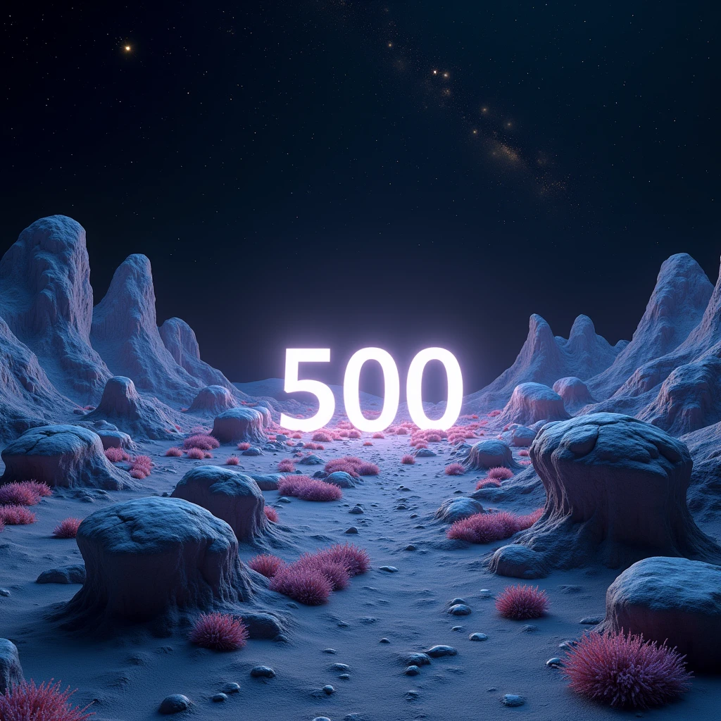 A photorealistic shot of an alien landscape otherworldly made with geometrical hills and rocks scattered around with rocks and weird flora. Floating geometrical rocks levitating above ground scattered around. The word "500" made of quartz and is on the center of the scene emerging from the ground. It's night time and the sky is pitch black full of stars and planets. Realistic, hyperrealism, high resolution, extreme details, extreme quality, volumetric lighting, sharp details, 4k hdr, sci-fi