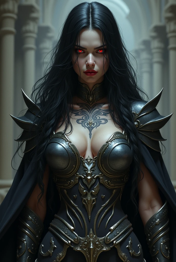 a high fantasy digital painting of an elder vampire, hyper detailed face, piercing red eyes, sharp fangs, long black hair, ornate silver armor, dark gothic cape, dramatic lighting, cinematic composition, epic fantasy dark, solo girl, full body view, perfect pierced nipples, hyper realistically accurate nude body detail, tribal body tattoos 