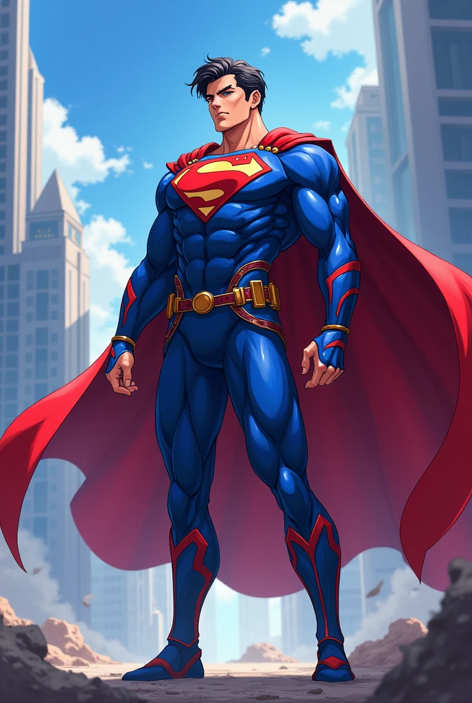 Create for me a hero with blue and red uniform anime man with cape