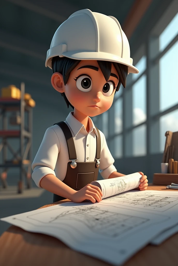 A boy is standing, he is a civil engineer with a Engineer building map in his hand and an engineer's helmet on his head