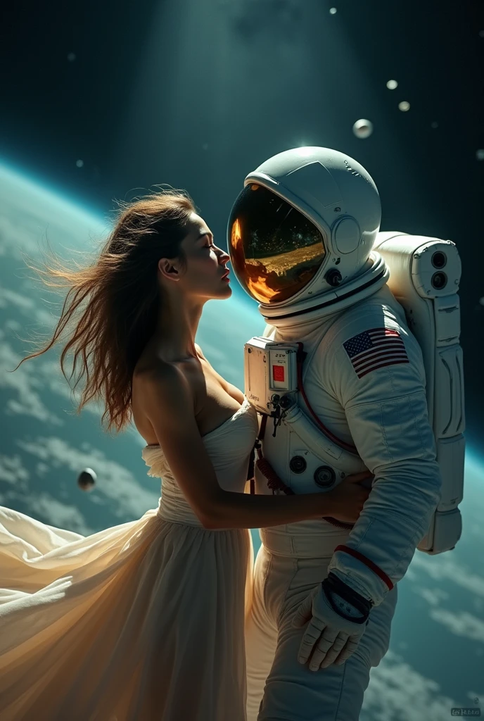 "Create a dramatic and intimate scene for a video teaser, set in the vastness of space.

The shot opens on a wide, Establishing Shot of the Earth, a blue-green marble suspended in the blackness of space. The camera slowly zooms in, passing by floating debris and stray stars, until we're focused on a woman, suspended in zero gravity, drifting towards an astronaut, also weightless.

The woman, clad in an elegant, flowing dress, her hair and fabric drifting freely in the absence of gravity, is framed in a soft, golden light. The camera lingers on her face, capturing her longing gaze as she floats closer to the astronaut.

The astronaut, fully clad in a bulky, white spacesuit, is positioned in the center of the frame, their helmet's visor reflecting the woman's alluring gaze. The camera zooms in on the visor, the reflection of the woman's face distorted and haunting.

As the woman draws closer, the camera begins to rotate slowly around the pair, creating a sense of disorientation and weightlessness. The shot is framed in a 2.39:1 aspect ratio, emphasizing the intimacy of the moment.

The lighting is soft and ethereal, with the stars twinkling like diamonds against the blackness of space. The color palette is muted, with shades of blue and grey dominating the scene.

As the woman's lips seem to yearn for a kiss, the tension between them becomes palpable. The camera lingers on the astronaut's visor, the reflection of the woman's face frozen in a moment of anticipation.

The shot fades to black, with the sound design emphasizing the eerie silence of space, punctuated only by the soft hiss of the astronaut's life support systems."