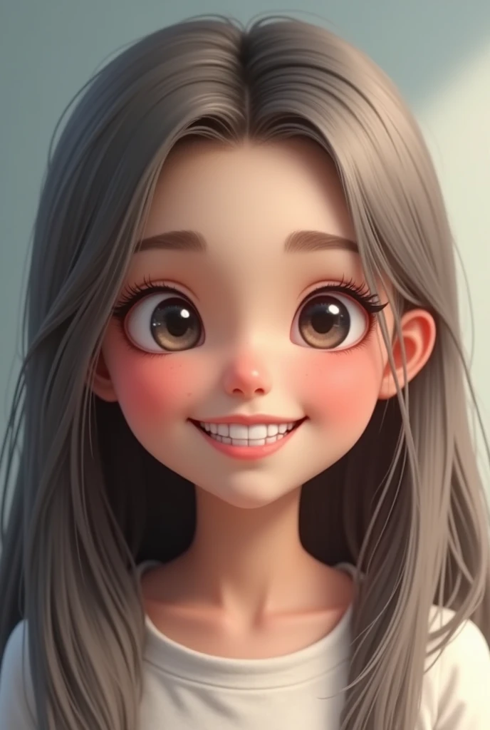 a 15 year old girl, cute and rounded face, white straight hair dark brown color, Grinning (realisitic) iluminação realisitic) (tom de pele branca realisitic)