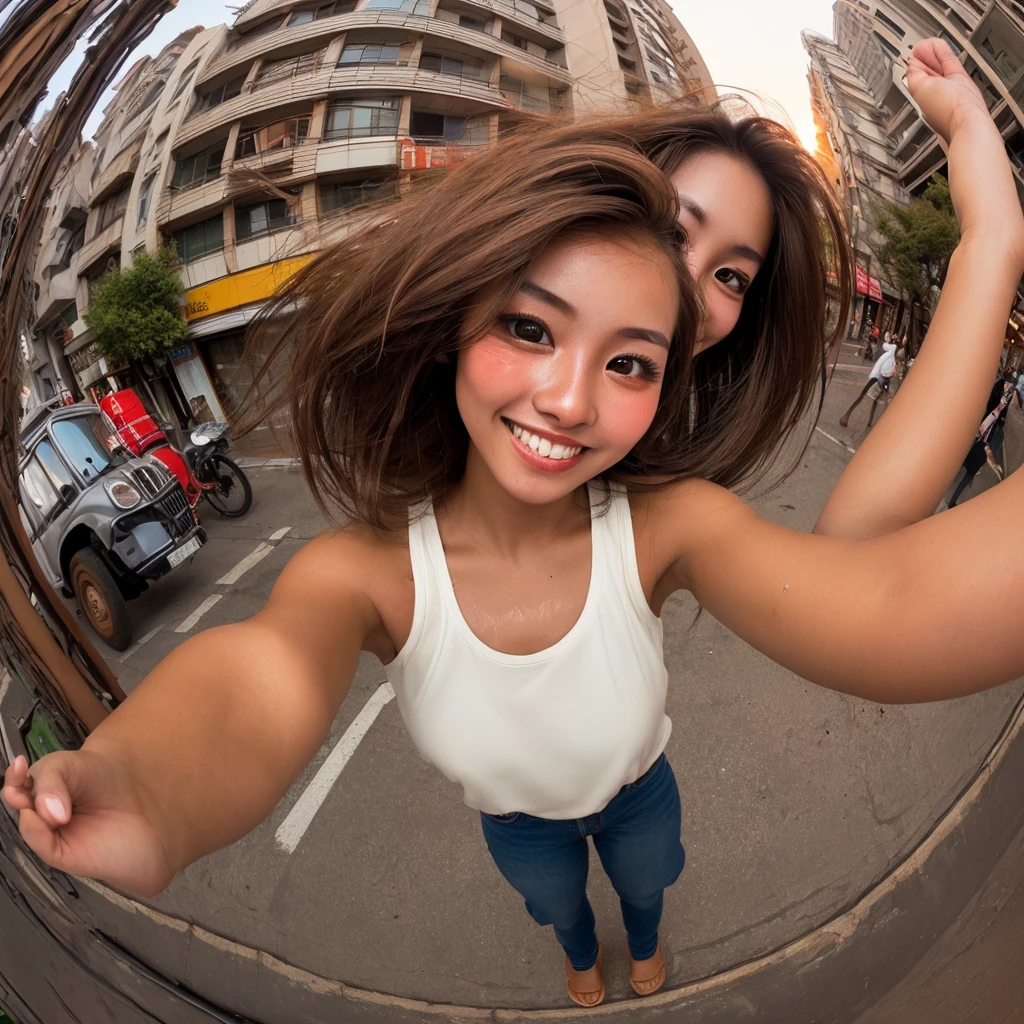 One girl, ((Fisheye, Self Snap)), wind, Dirty hair, sunset, Streetscape, (Aesthetics and atmosphere:1.2),Beautiful woman with smile、、ultra HD、Japanese、One woman around 20 years old、Brown Hair、(((( tanned skin )))