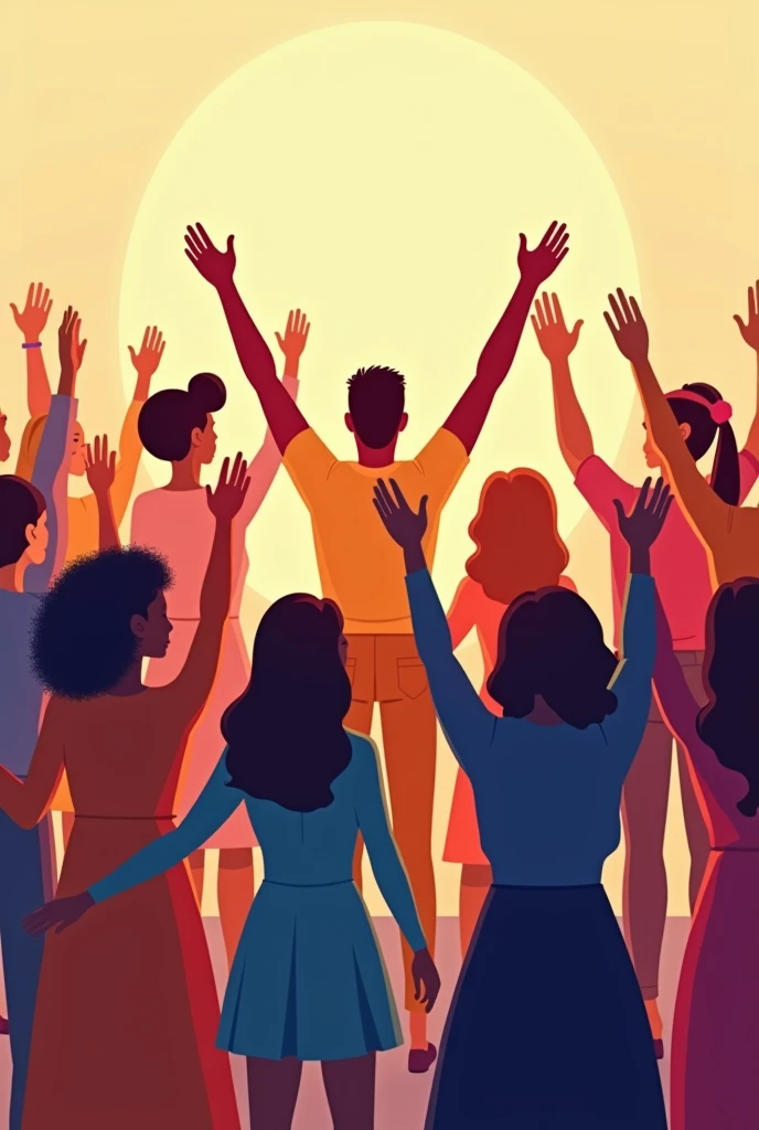 give me an image where diverse people put their hands up high together