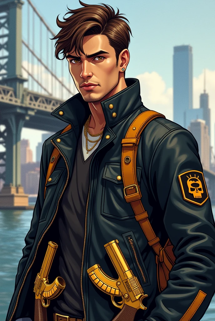 A 20-year-old young man with brown hair, thin beard and a serious expression, illustrated in a detailed style. He is wearing a black leather jacket with yellow-brown accessories, such as buckles and patches. A pair of golden uzi 9mm pistols is holstered at his waist, gleaming subtly. A pair of golden pistols is holstered at his waist, gleaming subtly. The background features the iconic Manhattan Bridge in New York City, with the urban landscape visible in the distance, creating a dramatic and modern setting.