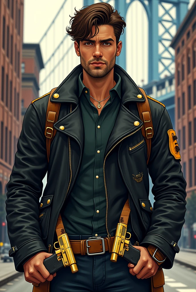 A 20-year-old young man with brown hair, thin beard and a serious expression, illustrated in a detailed style. He is wearing a black leather jacket with yellow-brown accessories, such as buckles and patches. A pair of golden uzi 9mm pistols is holstered at his waist, gleaming subtly. A pair of golden pistols is holstered at his waist, gleaming subtly. The background features the iconic Manhattan Bridge in New York City, with the urban landscape visible in the distance, creating a dramatic and modern setting.