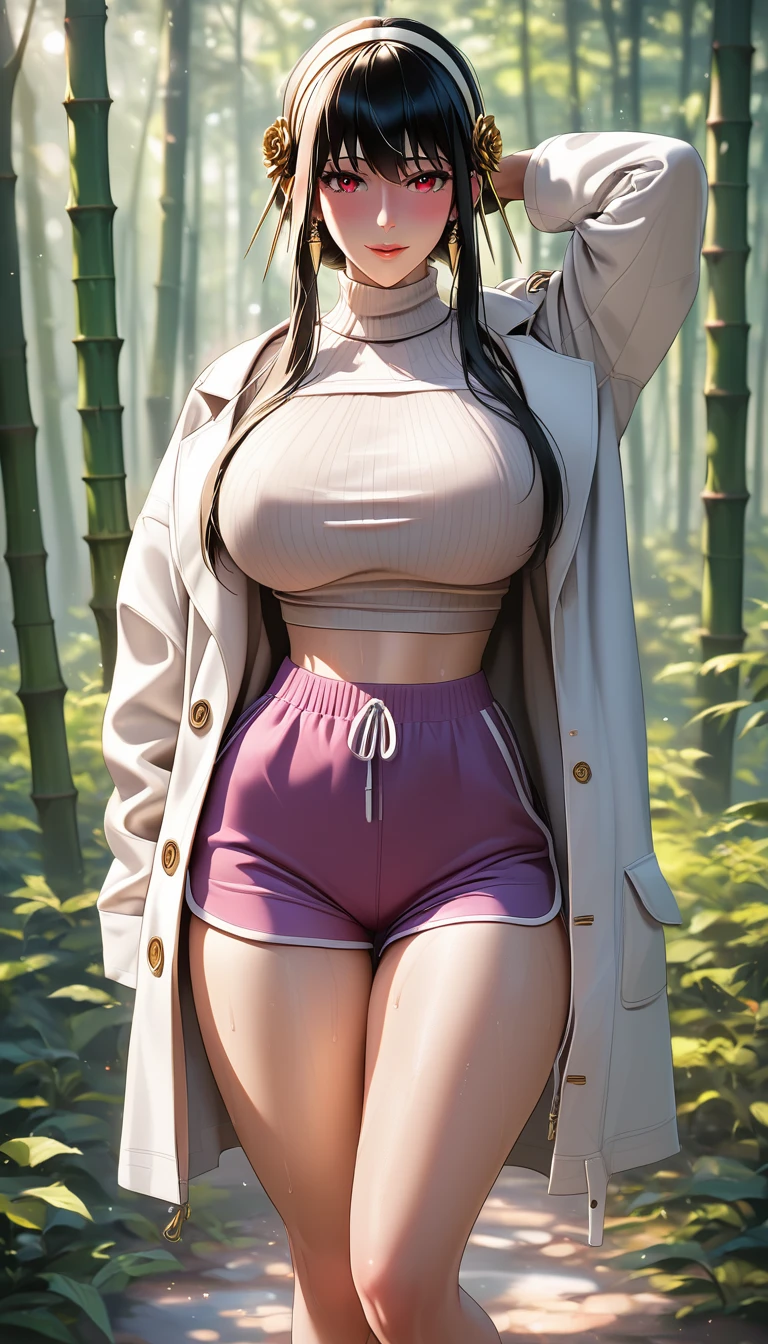 score_9, score_8_up, score_7_up, score_6_up, uncensored, Yor Briar, black hair, earrings, white hairband, hairband, long hair, sidelocks, red eyes, lips, BREAK detailed eyes, (perfect hands, perfect anatomy), detailed skin texture, (blush:0.5), (goosebumps:0.5), subsurface scattering, cinematic, Sharp focus, humorous illustration, big depth of field, Masterpiece, concept art, trending on artstation, Vivid colors, Simplified style, trending on ArtStation, trending on CGSociety, Intricate, Vibrant colors, Soft Shading, Simplistic Features, Sharp Angles, Playful, excessive sweating, sweating profusely, sweating drop BREAK, huge breasts, shoes, dolphin shorts, sneakers, purple shorts, short shorts, coat, open coat, midriff peek, thighs, turtleneck, long coat, white coat, sweater, long sleeves, white sweater, nature, forest, bamboo forest, bokeh, spotlight, seductive smile, blush, lips, standing, arm behind head, 