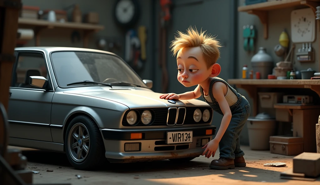 Im Stil von Pixar 3D- The animated film. A thin and crazy-looking man with short blond hair is tinkering with a silver BMW E46 Compact in a dark terraced garage.