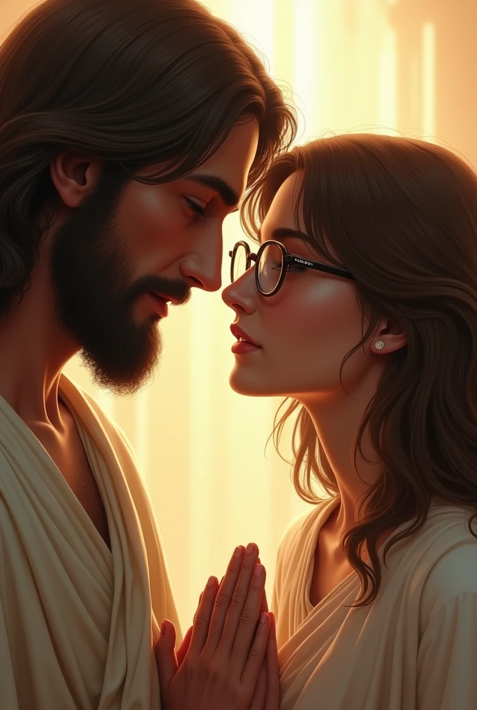 brown haired woman shoulder length hair glasses full mouth brown eyes big nose praying with Jesus