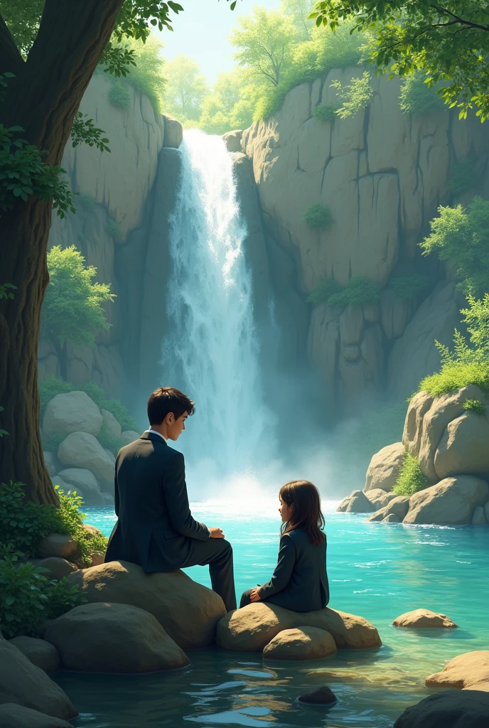 A boy wearing and name saad a suit and sit on rock beside a water fall with green trees and the girl sit with boy girl wearing also suit and back name areeba