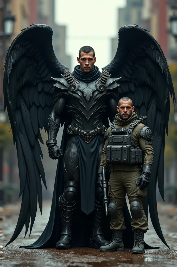 Soldier next to a 2'90m attractive man in black heavy tactical military gear that has black wings on his back