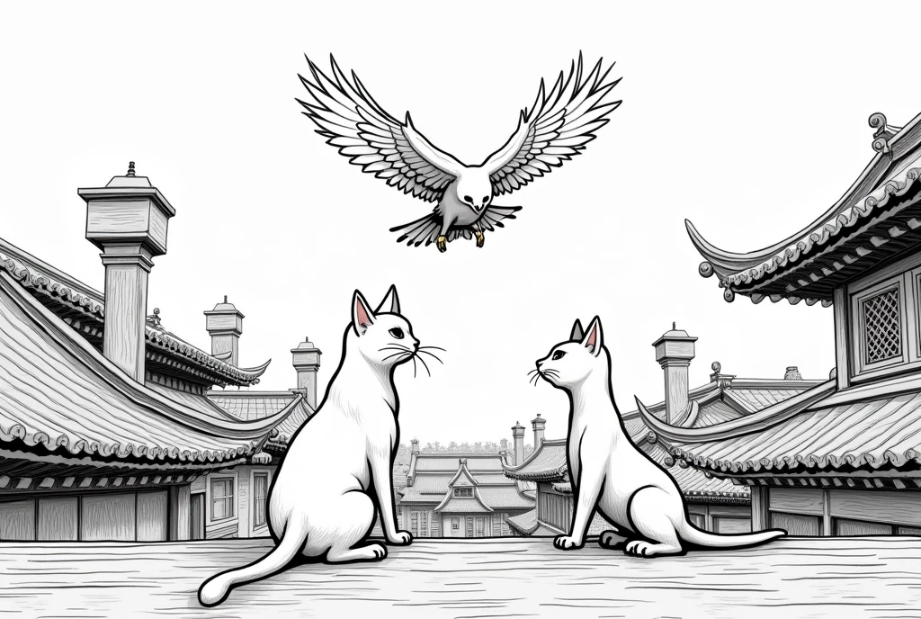 Draw (with the manga line) a cat and a weasel on the roofs of a building, with front view, facing a hawk
