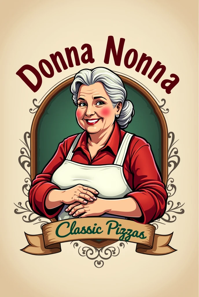 Create a logo for a pizzeria that serves classic Italian pizzas called Donna Nonna. Which also contains a stylized drawing of an older overweight Italian lady. And below the brand the words classic pizzas in Italian With space below for a qrcode with the menu at the moment it can be a qrcode as an example